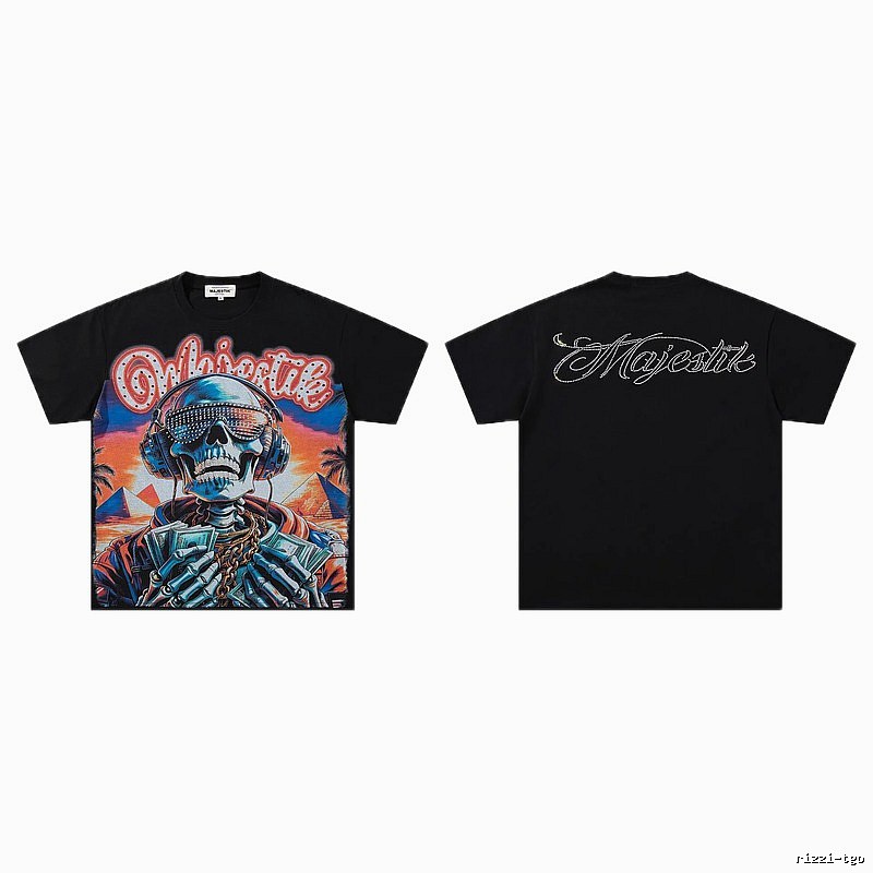 MAJESTIK Skull Print Hip-hop Style Black T-shirt