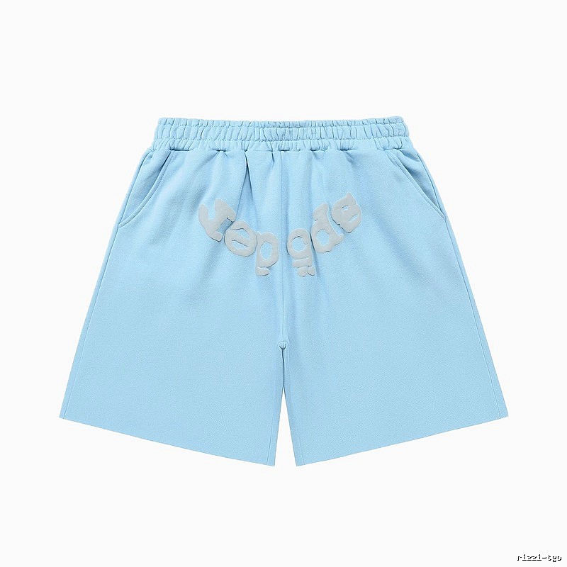 Sp5der letter-style light blue shorts
