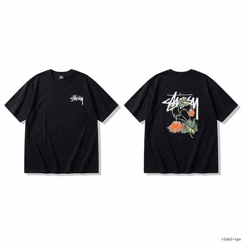 Stussy floral-style black T-shirt