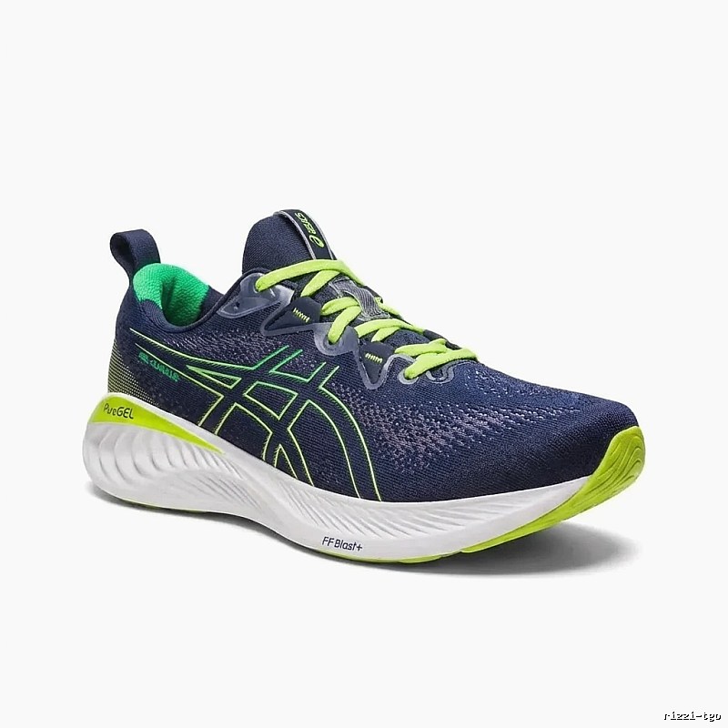 ASICS retro-style navy blue and fluorescent green running shoes