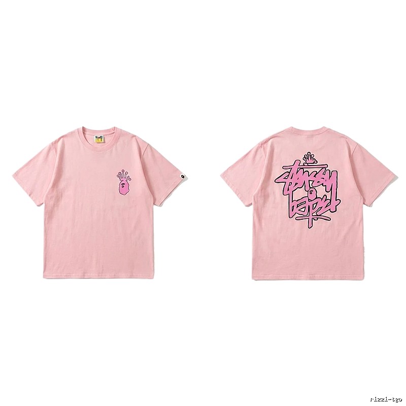 Bape Crown Print Trendy Cool Pink T-shirt