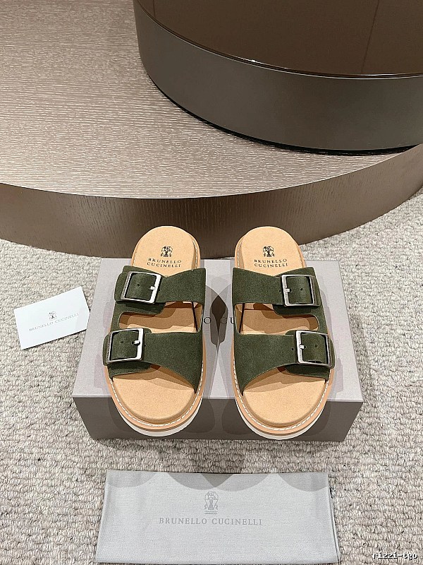 Brunello Cucinelli Casual Style Army Green Double-Buckle Slide Sandals