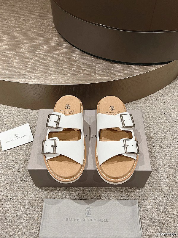 Brunello Cucinelli Double-Button Minimalist-Style White Slide Sandals