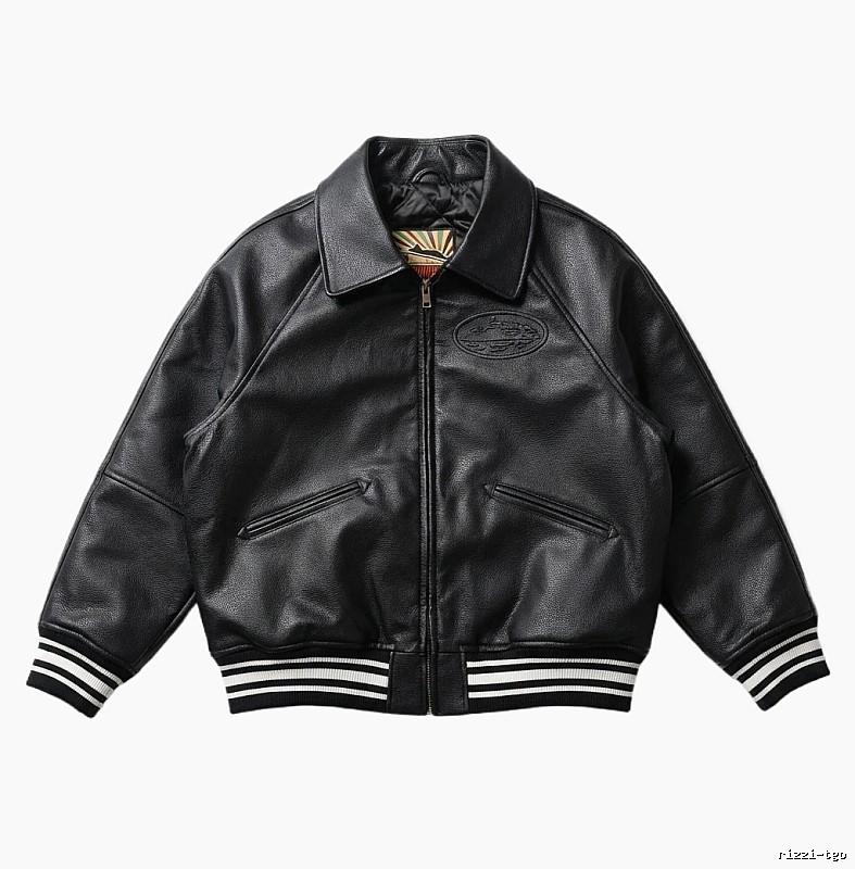 Corteiz baseball-style black leather jacket