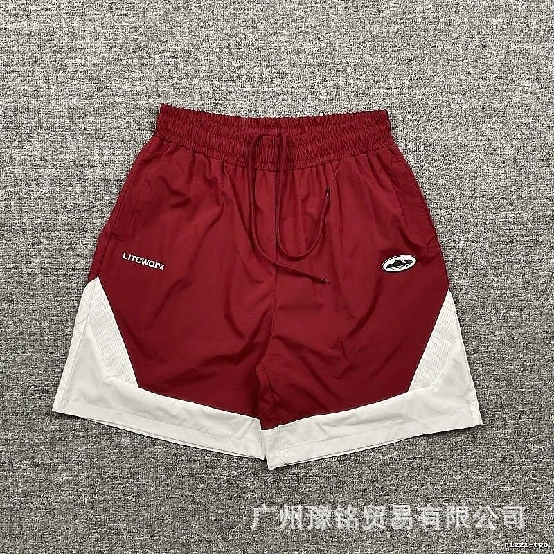 Corteiz Street Style Burgundy and White Colorblock Sports Shorts