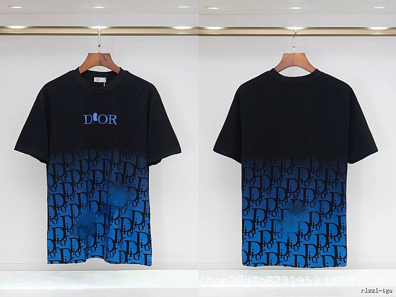 Dior Classic Monogram Trendy Style Black-Blue Gradient T-Shirt