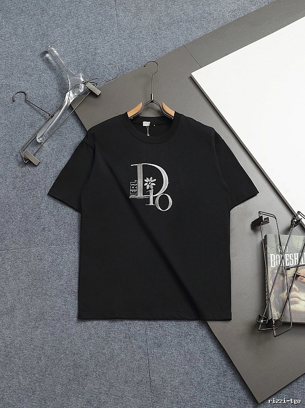 Dior Co-branded Embroidered Light Luxury Style Black Short-sleeve T-shirt