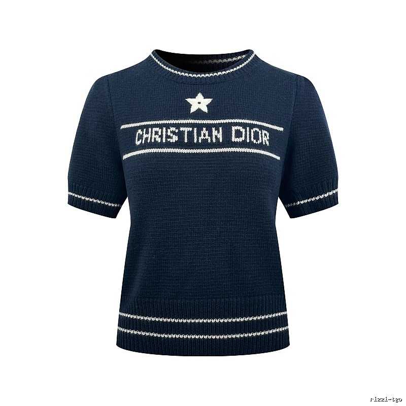 Dior Short Sleeve Knit Sweater with Cream Trim and Star Detail