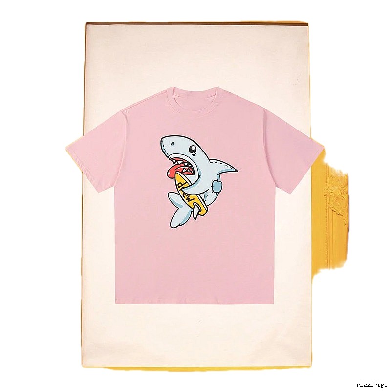 DREW Cartoon Shark Street Style Pink Short-sleeve T-shirt
