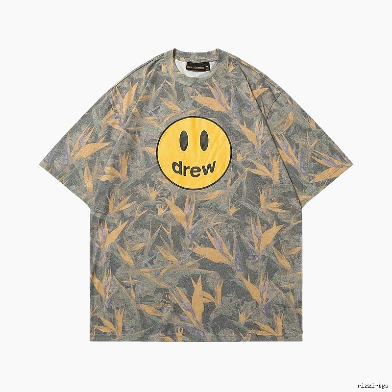DREW Smiley All-over Print Street Style Grey and Yellow Short Sleeve T-Shirt