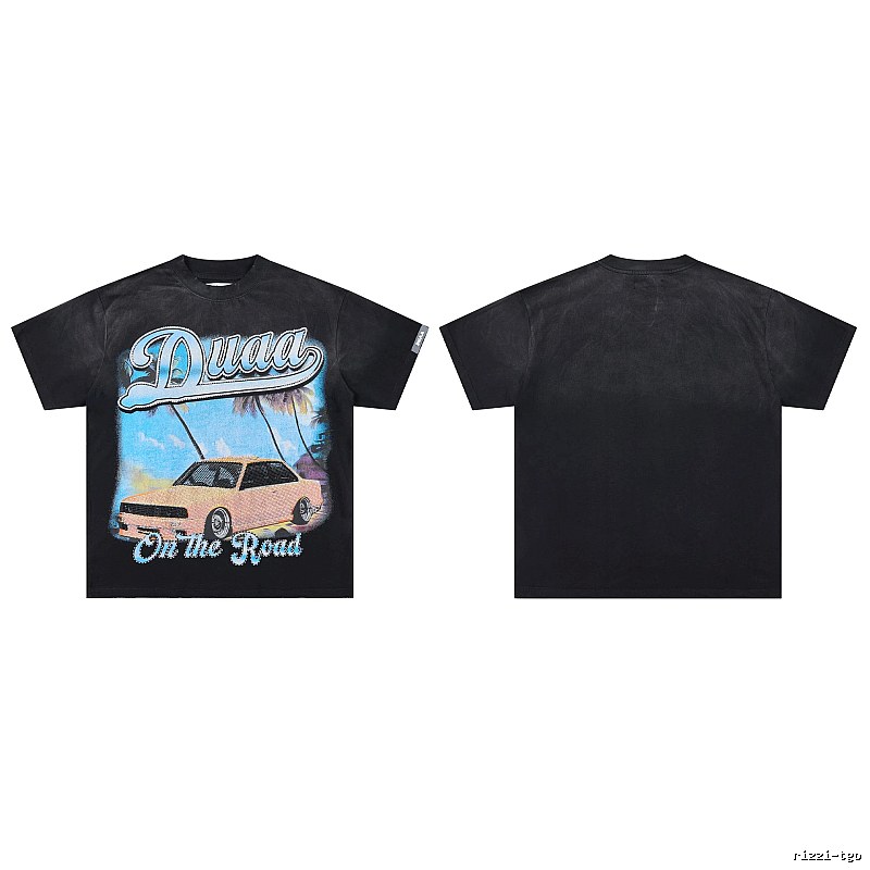 DUAA Road Sports Car American Retro Distressed Black T-Shirt