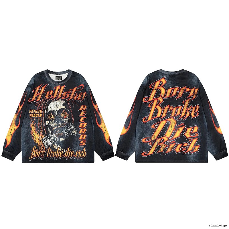 Hellstar Skull Flame Street Style Black & Orange Long Sleeve T-Shirt
