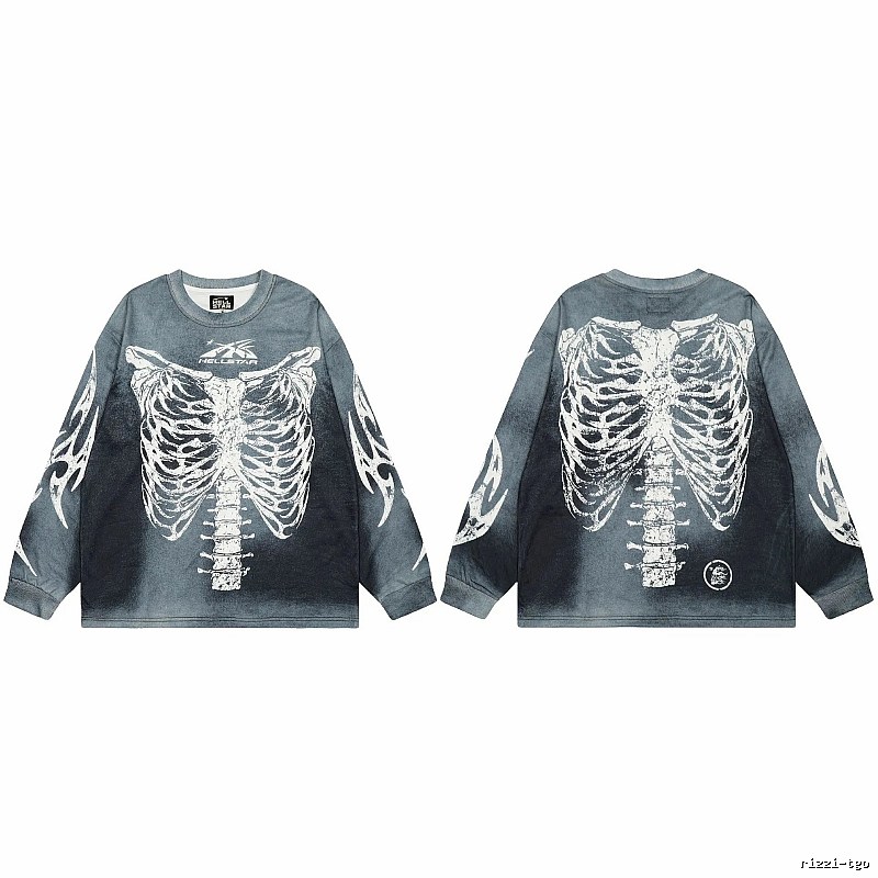 Hellstar Skull Print Street Style Vintage Grey Long Sleeve T-shirt
