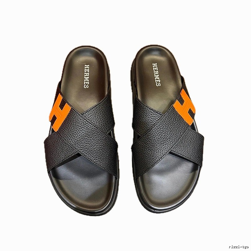 Hermès H-logo Casual Style Black and Orange Color-block Slides