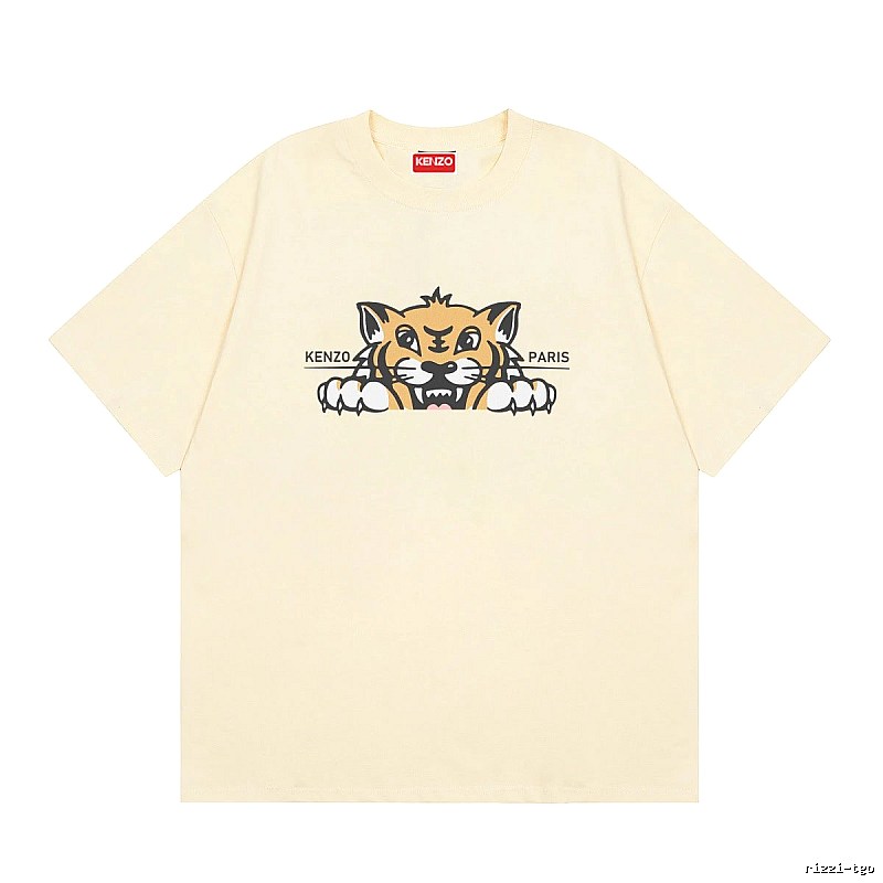 KENZO Tiger Head Print Streetwear Style Beige Short Sleeve T-Shirt
