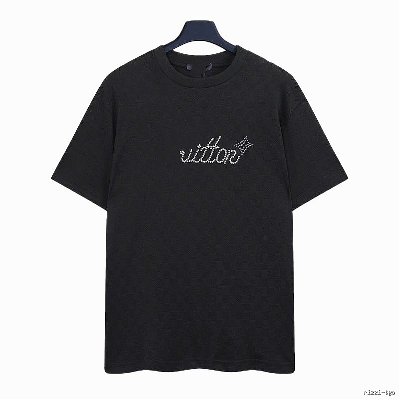 Louis Vuitton Rhinestone-embellished Streetwear Style Black Short-sleeve T-shirt