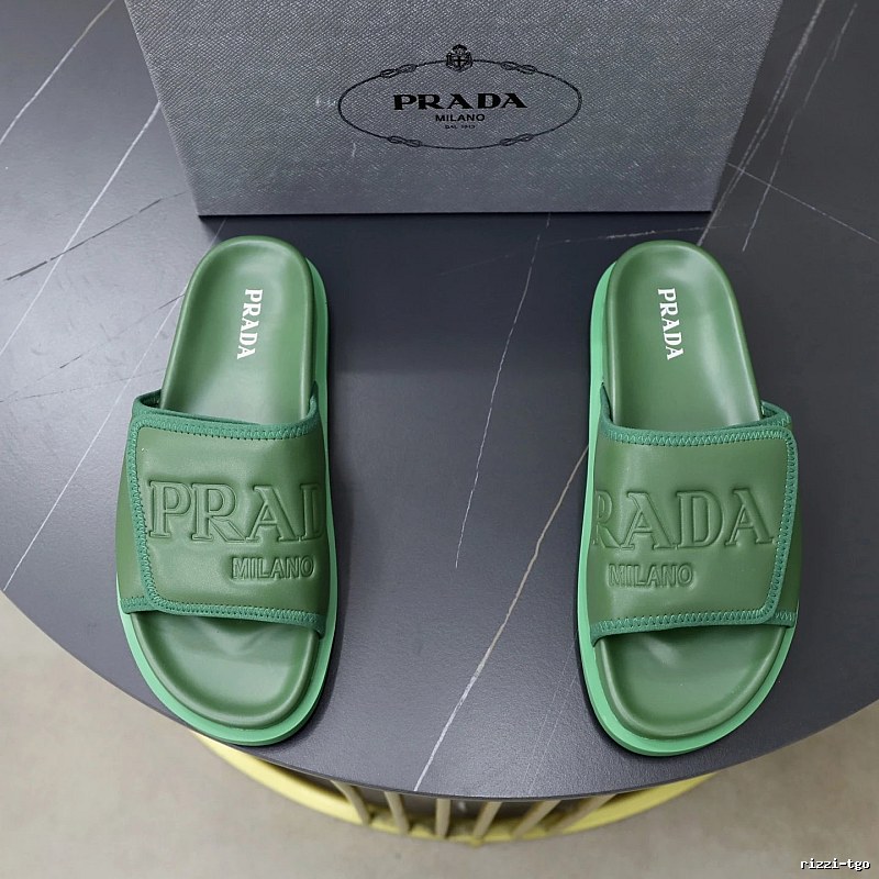 Prada Embossed Light Luxury Style Green Slide Sandals