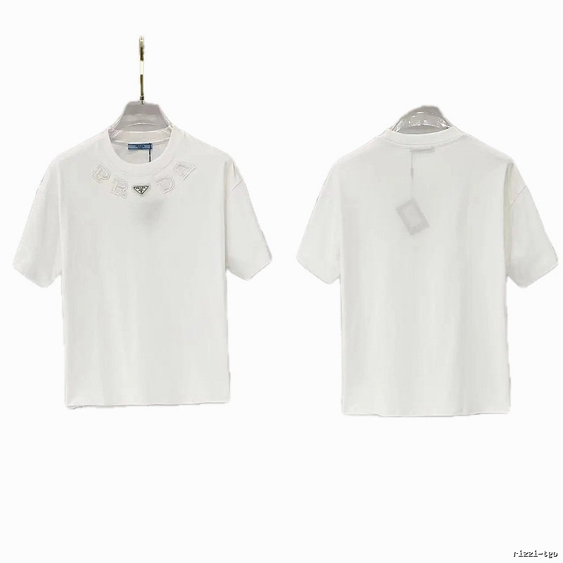 Prada Embroidered Minimalist Style White Short-sleeved T-shirt