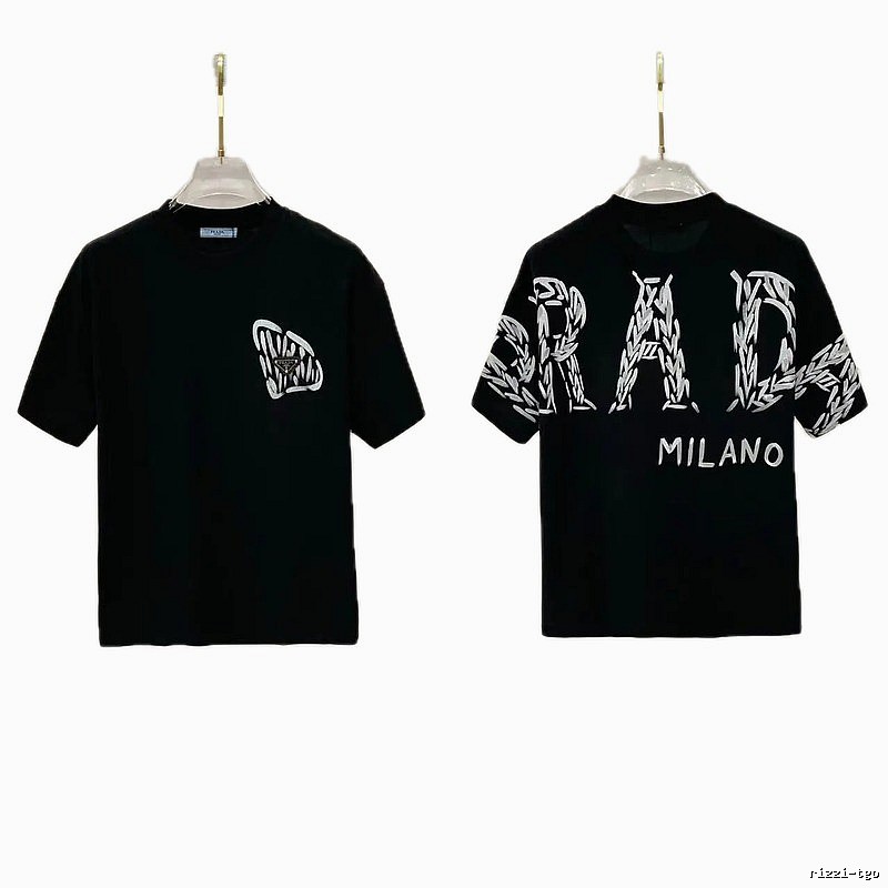 Prada Embroidered Streetwear Style Black Short-sleeve T-shirt