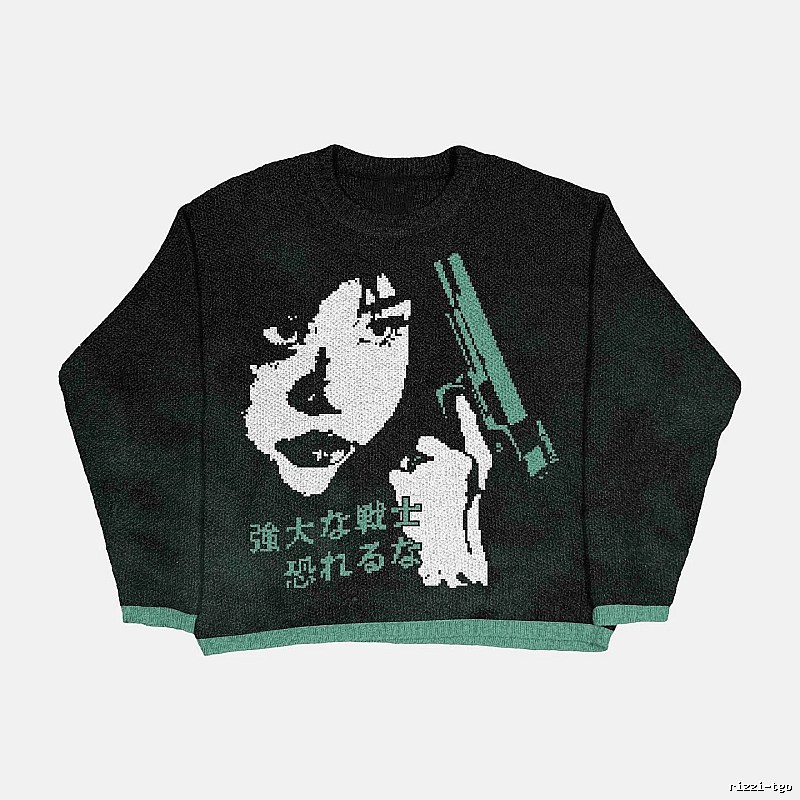 Resort Anime graphic sweater Black Knit Top for Travel Looks