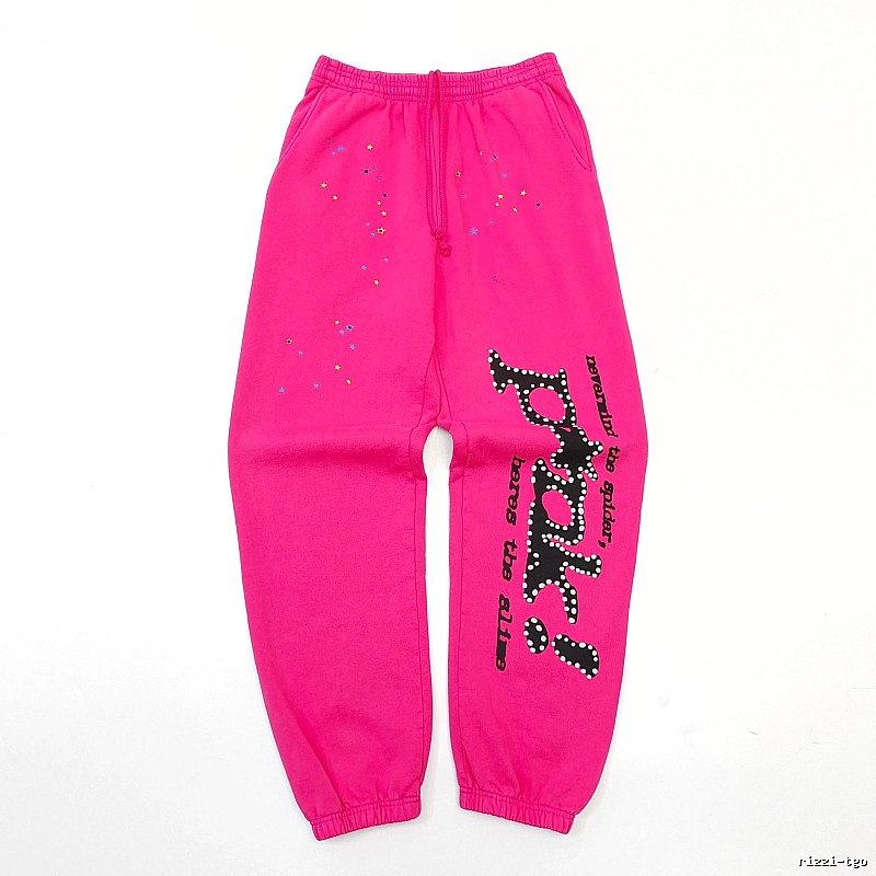 Sp5der Logo Sweatpants in Hot Pink - black vertical branding and cuffed ankles