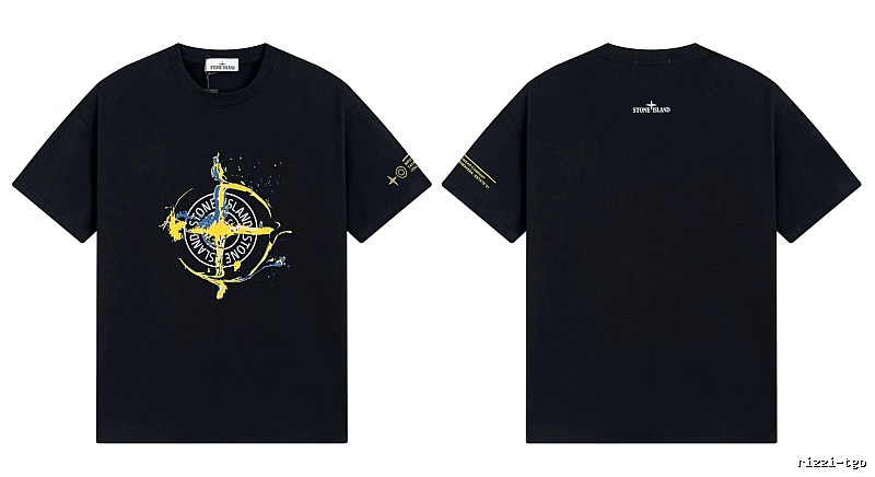 Stone Island Ink-splattered Street Style Black Short-sleeve T-shirt