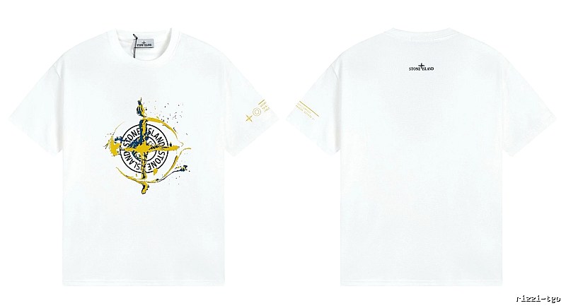 Stone Island Ink-splattered Trendy Style White T-shirt