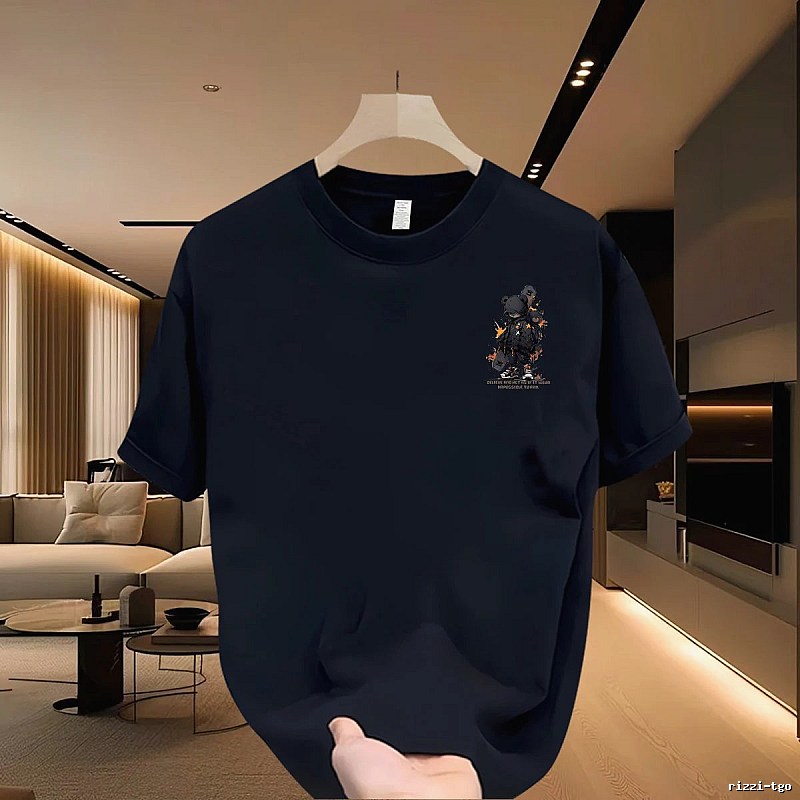 Streetwear Street Style Navy Blue Mechanical Bear Graphic Short-sleeve T-shirt