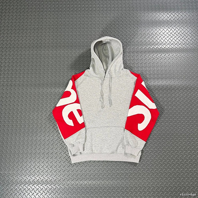 Supreme Grey Hoodie with Red Sleeve Logo Panels