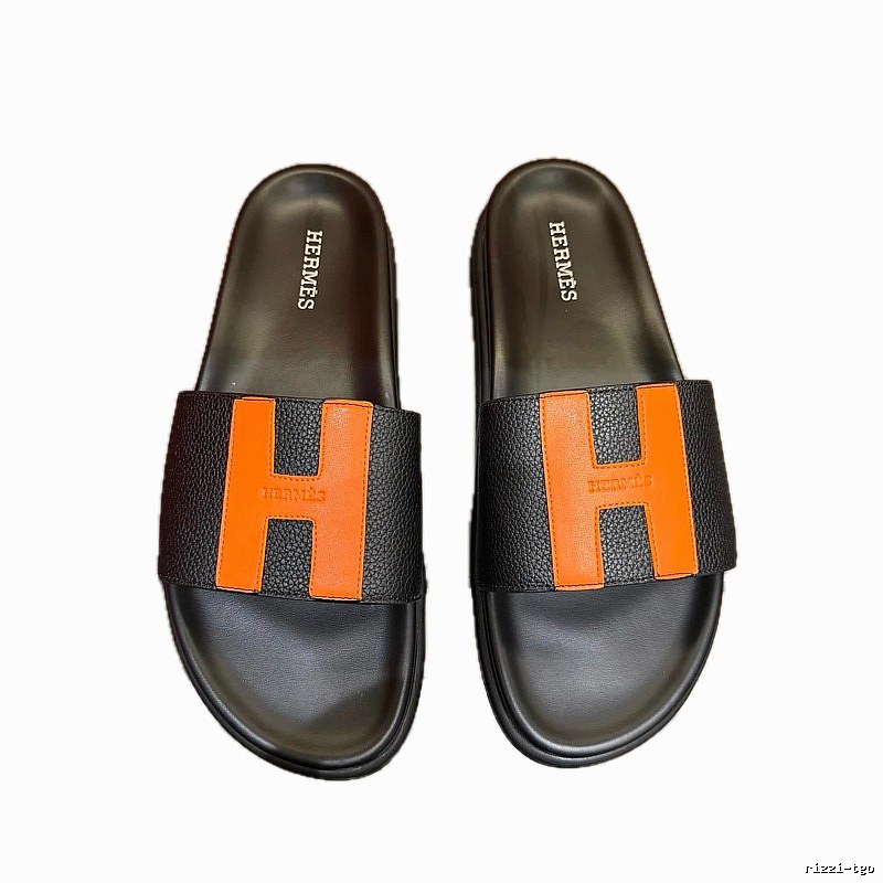 Hermès H Collection Light Luxury Style Black and Orange Color-block Slide Sandals