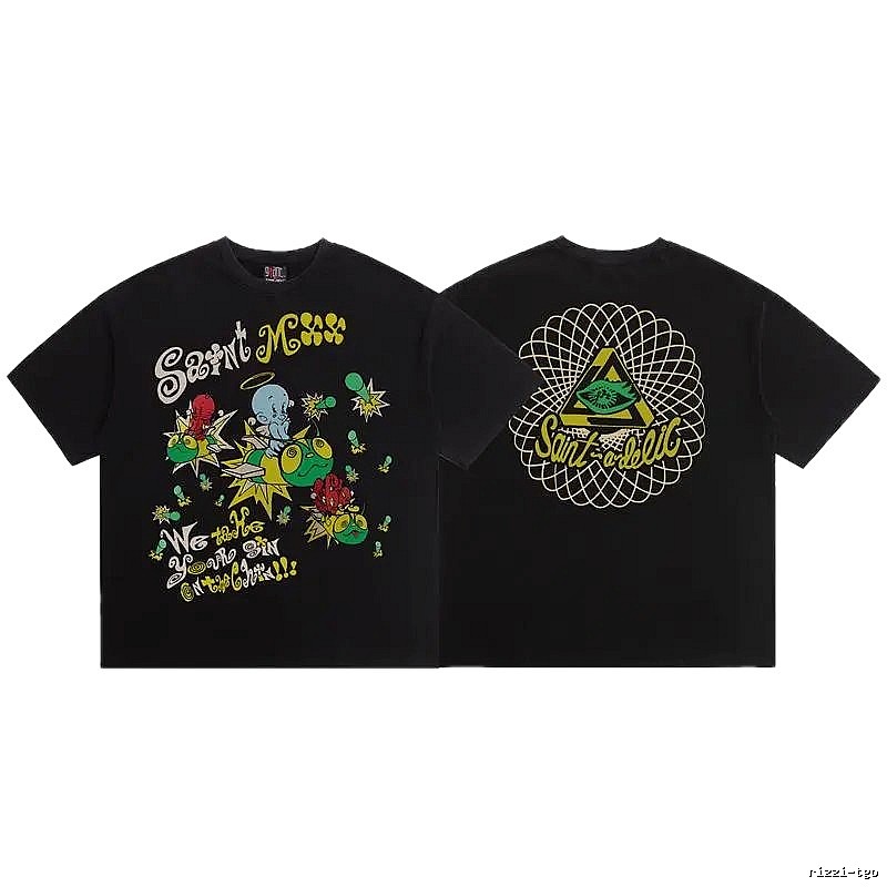 SAINT Cartoon Graffiti Street Style Black T-Shirt